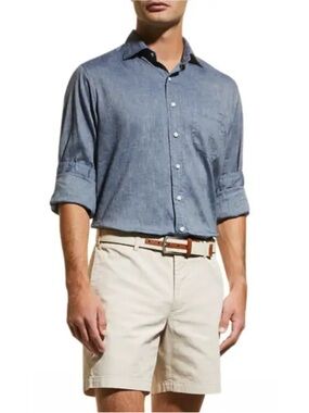 SID MASHBURN Spread Collar Sport Shirt in Navy Cotolino Chambray Size L
